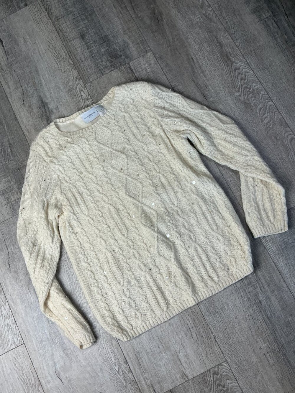 Liz Claiborne Cream Sequin Cable Knit Mohair Lined Sweater - Womens Medium